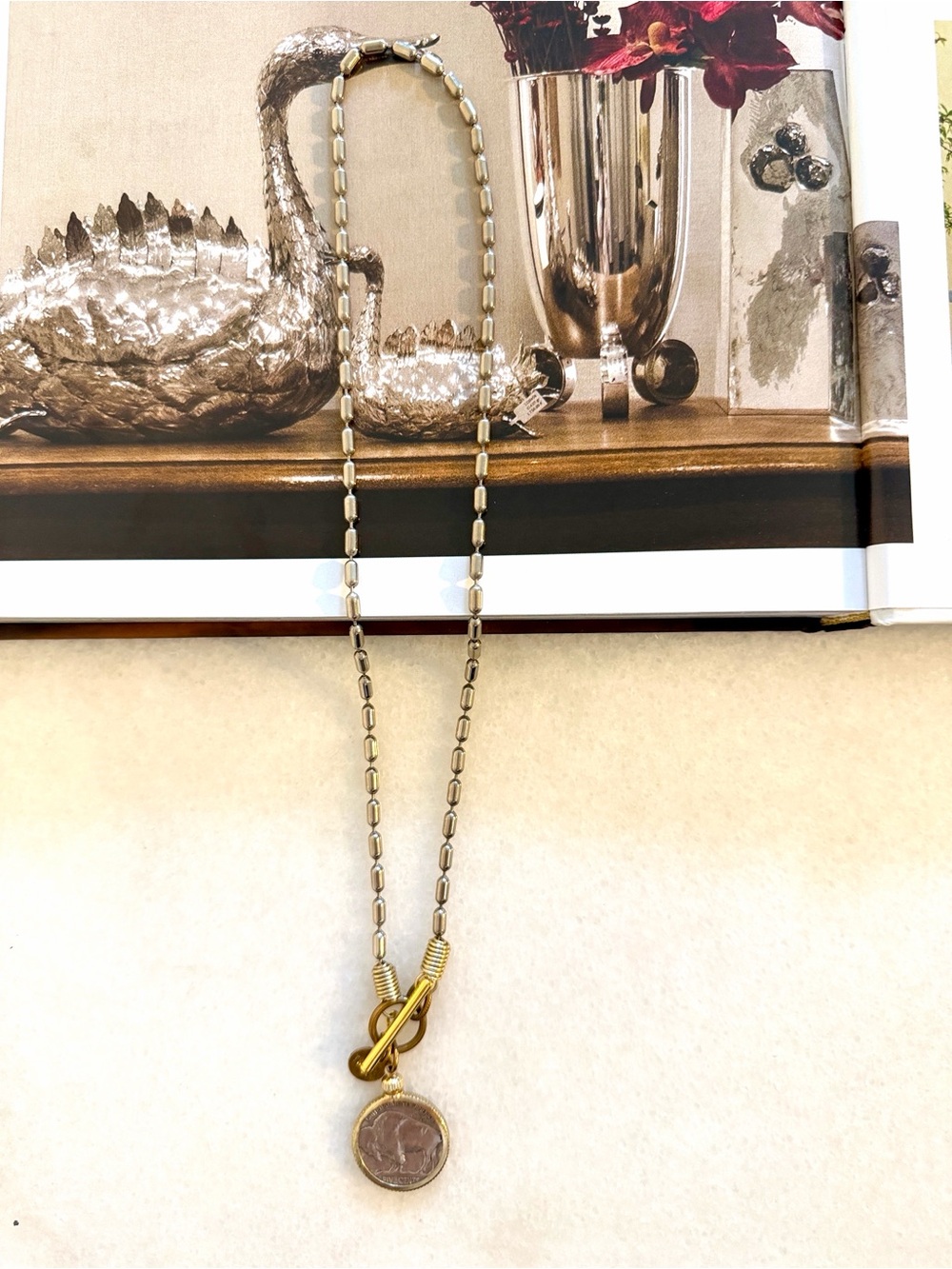 Twisted Silver Mixed Metal Coin Pendant Necklace with Gold Toned Clasp